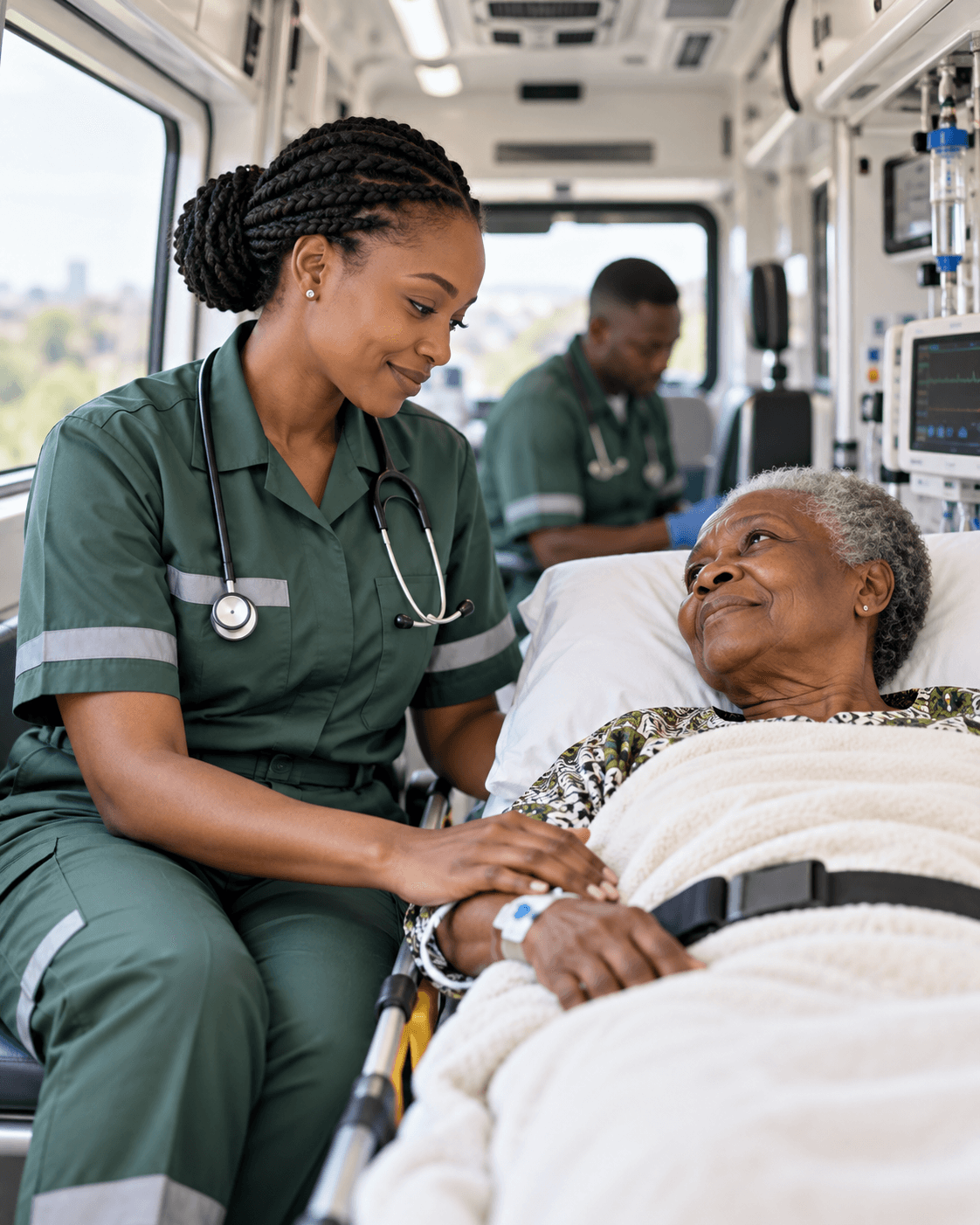 Medic reassuring a patient on a stretcher inside an ambulance